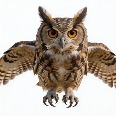 Obraz premium a-great-horned-owl-in-a-frontal-pose-against-a-pure-white-background-wings-slightly-spread-