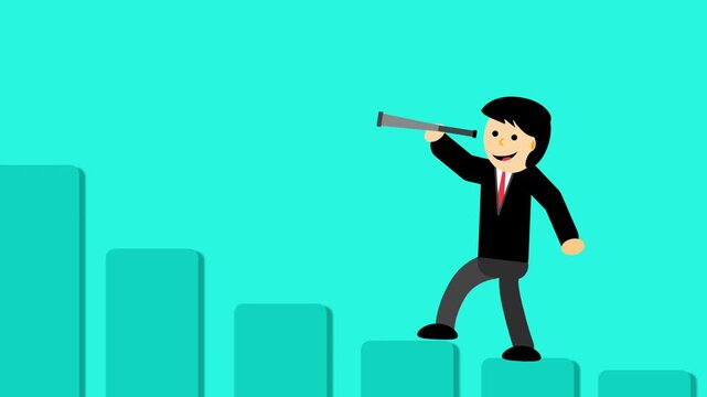 A businessman character stands on an ascending bar chart looking through a telescope against a cyan background.