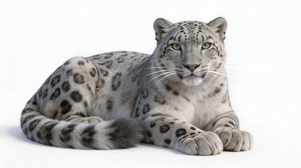 Obraz premium a-snow-leopard-lying-in-a-relaxed-sphinx-pose-against-a-pure-white-background-its-long-thick