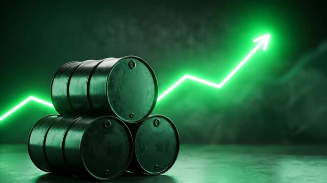 Stack of oil barrels with glowing green stock market arrow. Rising price trend of brent and urals crude oil. Industrial resource energy commodity data analysis.