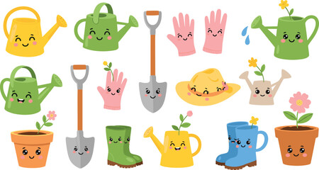 Obraz premium Adorable Gardening Tools and Accessories Collection Featuring Watering Cans, Gloves, Pots, and Boots for Kids' Garden, Farm, and Outdoor Designs