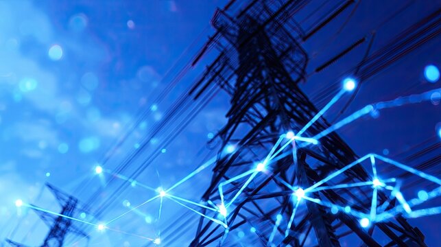 High-voltage towers silhouette against sky with network lines, symbolizing connectivity and energy