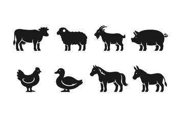 Obraz premium Silhouettes of Farm Animals Including Cow, Sheep, Goat, Pig, Chicken, Duck, Horse, and Donkey Representing Diverse Livestock Types in Agriculture