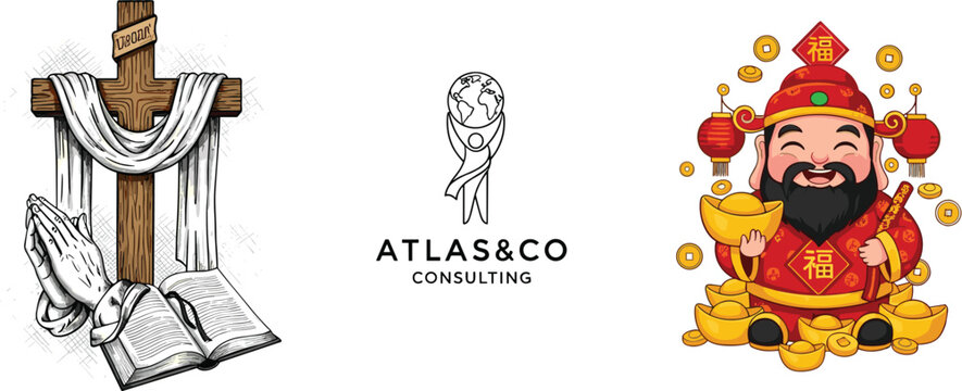 Diverse vector set featuring Christian religious symbols corporate business consulting logo and traditional Chinese God of Wealth character for global cultural and spiritual design.