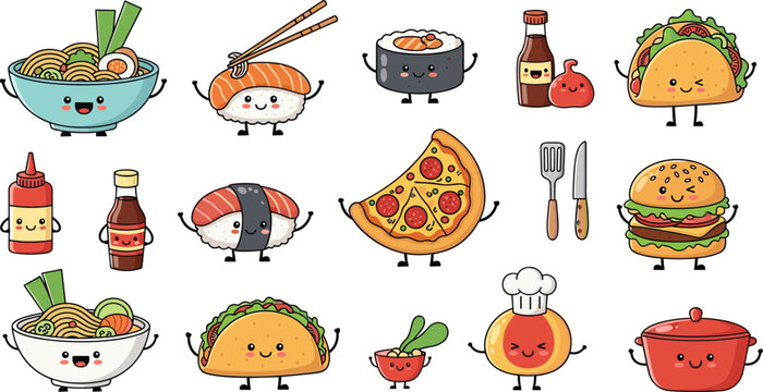 Cute fast food characters set with burger pizza sushi ramen taco and kitchen items cartoon vector collection