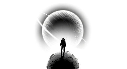 A cartoon astronaut stands on a planet with a large moon in the background, symbolizing space exploration on International Day of Human Space Flight © NanzZ