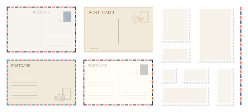 Old retro postcard and postage collection with address line and stamps. Blank vintage air mail envelopes, minimalist stationery templates, frames, and space for text. Vector transparent illustration