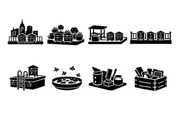 Naklejka premium A Collection of Urban Agricultural Elements: Gardens, Beehives, Water Features, and Sustainable Practices in Modern Cityscapes