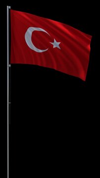 Turkey flag waving on metal flagpole, vertical video with transparent background and alpha channel, seamless loop 3D rendering 4K
