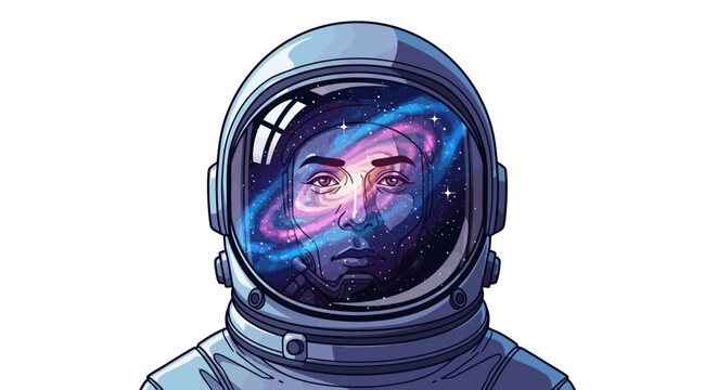 An astronaut in a space suit with a galaxy reflection in the helmet visor on International Day of Human Space Flight