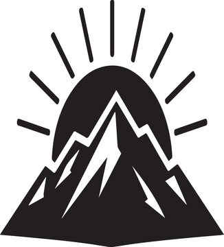 Black mountain sunrise silhouette icon symbolizing nature adventure and new beginnings in a minimal modern design