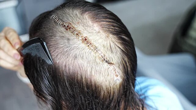 Woman carefully combing hair near surgical scar with staples after craniotomy for brain tumor removal. Postoperative care and recovery routine concept.