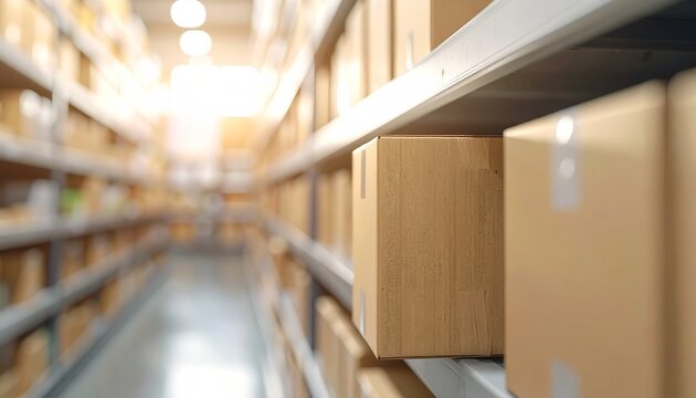 Cardboard boxes stored on shelves in a logistics distribution warehouse