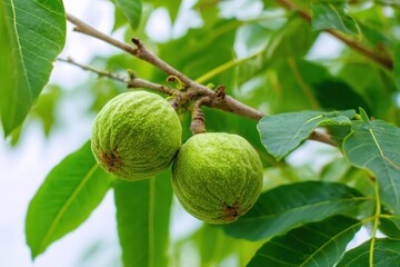 Fototapeta premium Green unripe walnuts growing on a tree branch. Green walnut fruit hanging among green leaves ripening in sunny orchard. Natural plant growth and autumn food. Fat and oils for cooking and cosmetology.