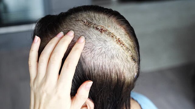 Back view of woman with surgical scar after brain tumor removal surgery. Craniotomy and meningioma treatment concept.