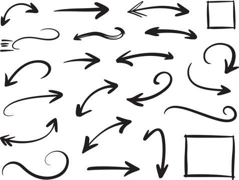 Set of hand drawn arrows and frames isolated on transparent background abstract doodle elements for creative projects graphic design