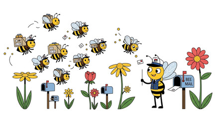 Obraz premium A cheerful cartoon bee in a postal worker uniform delivers mail among colorful flowers and mailboxes