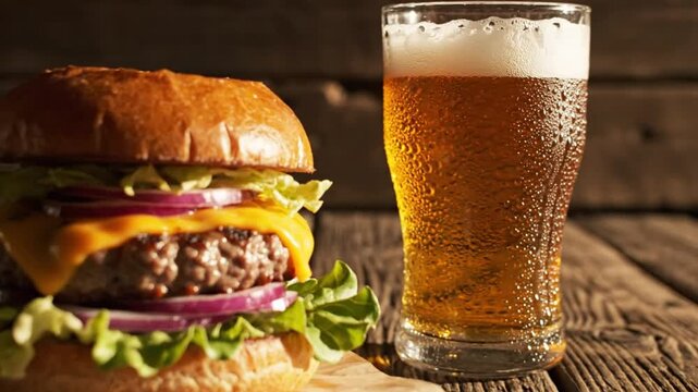 Delicious cheeseburger with melted cheese and fresh vegetables next to a chilled glass of craft beer on wooden background