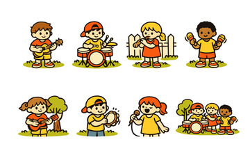 Naklejka premium A Colorful Collection of Cartoon Children Engaged in Musical Activities with Instruments in a Cheerful Outdoor Setting