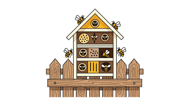A colorful vector illustration of a bee hotel with bees flying around it, set against a white background.