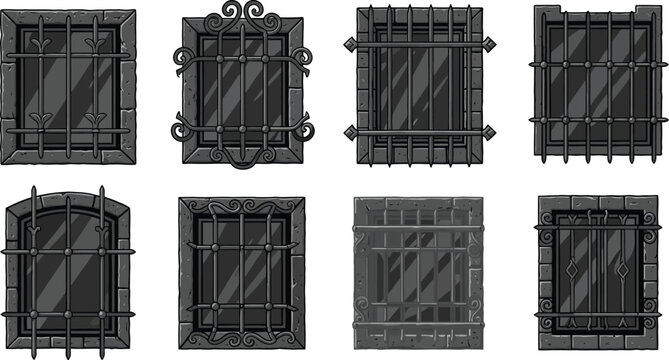 Set of various old barred windows with dark stone frames and ornate metal grilles isolated on white for game assets or architectural design