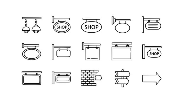 Shop signage outline icon collection with vintage and modern hanging signboards for web and UI design isolated on white