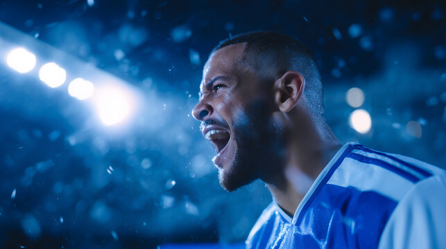 Football player wearing blue and white jersey shouting celebration during world cup match under stadium lights at night. 