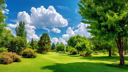 Fototapeta premium Sunlit Serenity: Lush Green Park with Vibrant Floral Landscapes