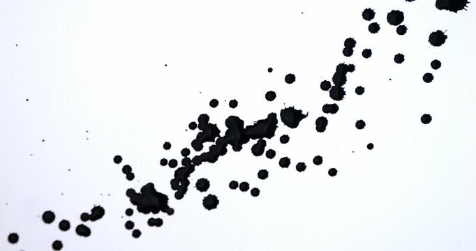 Black spots on a white background. Ink spills onto white paper. Black drops and white surface.