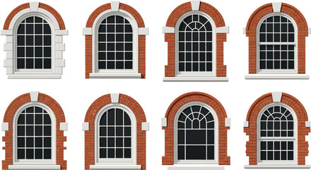Obraz premium Set of classic arched windows with brick and stone surrounds ideal architectural elements for building design and renovation projects