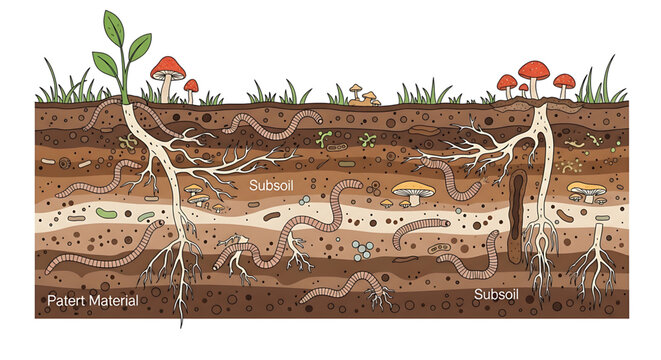 A detailed vector illustration of soil layers with roots, worms, and fungi in a cross-section view.