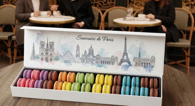 Medium shot of an open white souvenir box of colorful French macarons on a wooden table with a blurred background of a Parisian cafe under soft natural light