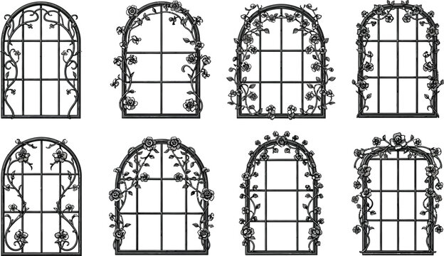 Collection of elegant arched window or gate designs featuring intricate wrought iron patterns and climbing floral vines ideal for vintage decor and graphic design projects