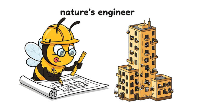 A cartoon bee wearing a hard hat and holding a pencil is designing a building as nature's engineer.