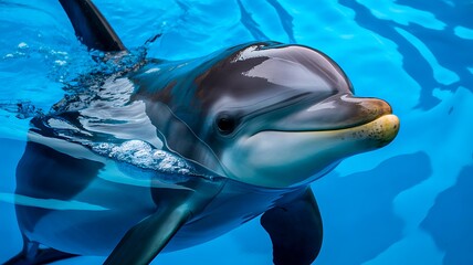 Naklejka premium Closeup of dolphin swimming underwater in clear blue ocean with natural marine life