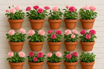 Fototapeta premium A beautiful spring decoration of growing pink flowers in a terracotta clay pot adds a natural touch of flora to a home garden patio