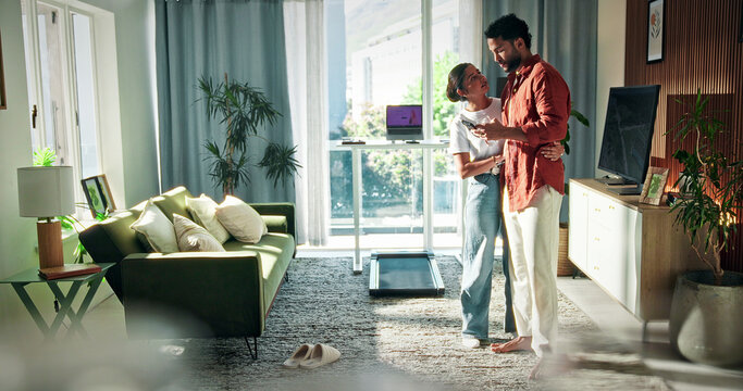 Couple, phone and support with bad news in home for job rejection, disappointed and interview fail. Comfort, people and partner stress with smartphone for application feedback, unemployment and hug