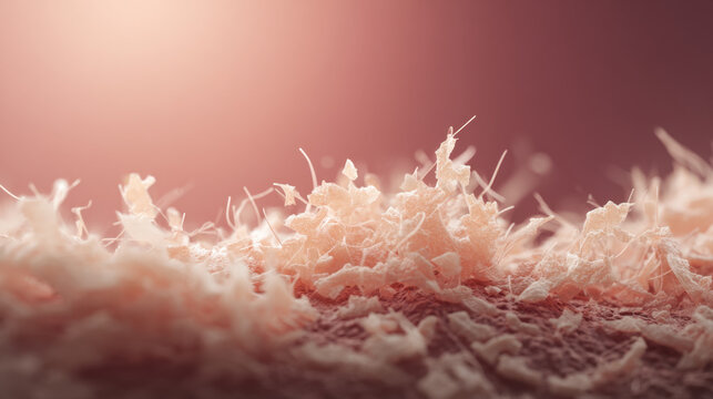 Macro closeup of peeling skin flakes with soft pink tones showing dryness texture and dermatology concept
