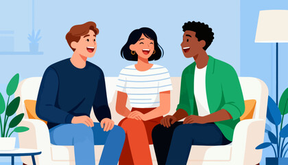 Obraz premium Three friends laugh together on a cozy sofa. Warm smiles fill the scene with joy and connection. Soft lighting and greenery add comfort to the moment. Ideal for social, lifestyle