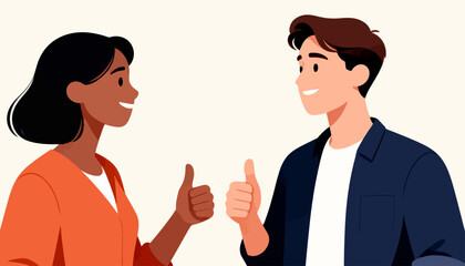 Fototapeta premium Two people smile warmly while giving thumbs-up gestures. They share a joyful, encouraging moment together. Perfect for conveying teamwork, approval, or mutual success. Ideal for business, education