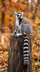 Obraz premium Ring-tailed lemur sitting on tree stump, exotic primate in autumn forest, wild lemur catta portrait