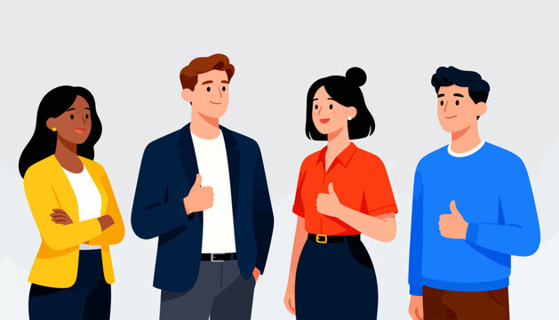 Four diverse people stand together, smiling warmly. Each gives a thumbs-up, showing approval or encouragement. Their casual clothes suggest a friendly, informal gathering. This scene fits workplace