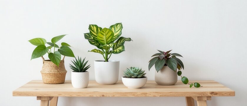 Potted Plants on Light Wood Table in Cozy Living Room with Soft Natural Light for Home Decor and Lifestyle Ads