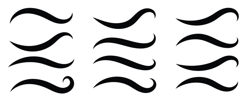 Swoosh line vector, underline swish, stroke swash swirl, curved hand drawn text calligraphic brush tail, black fireworks icon set. illustration in eps 10 on white background.