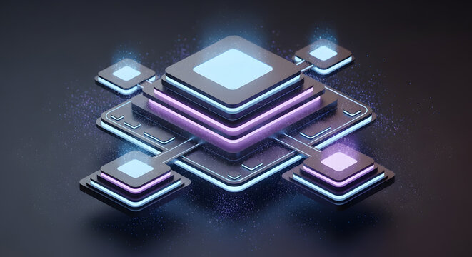A futuristic purple and blue 3D illustration of stacked digital squares with glowing lines on a dark background with technology
