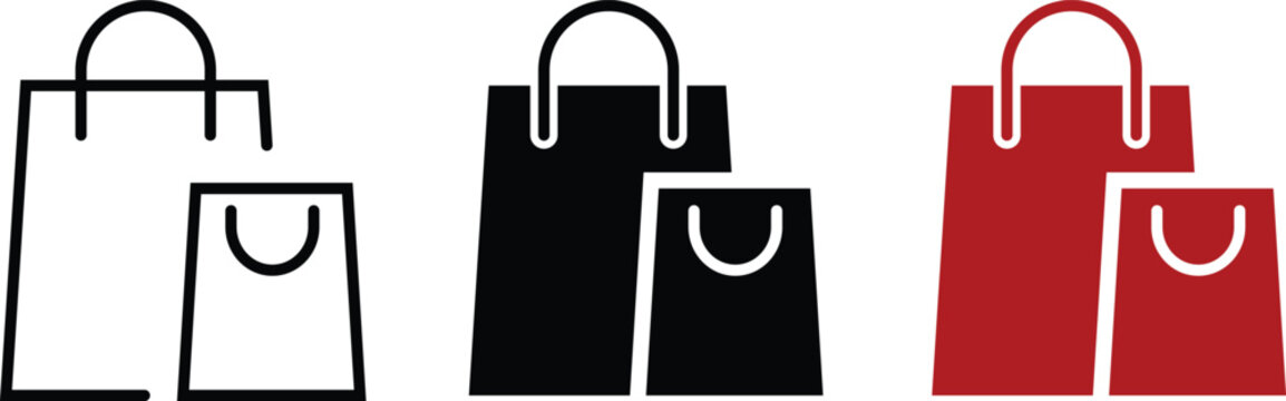 Minimalist shopping bag icons in vector format, black and red retail paper bag symbols, flat line and solid style e-commerce graphics for web design