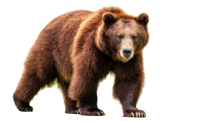 Fototapeta premium Impressive adult brown grizzly bear walking with powerful stance, looking straight ahead