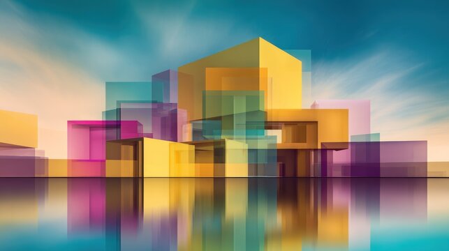 Vibrant abstract geometric shapes create an illusion of a colorful cityscape against a surreal sky