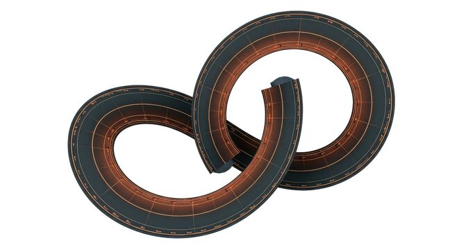 Complex abstract rendering of a convoluted track showing unpredictable movement and deviation from a straight line on a white background, minimalism, complexity, sequence