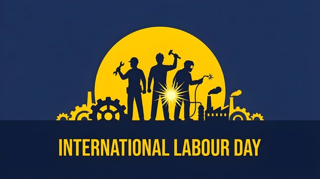 International Labour Day graphic with silhouettes of workers and industrial icons